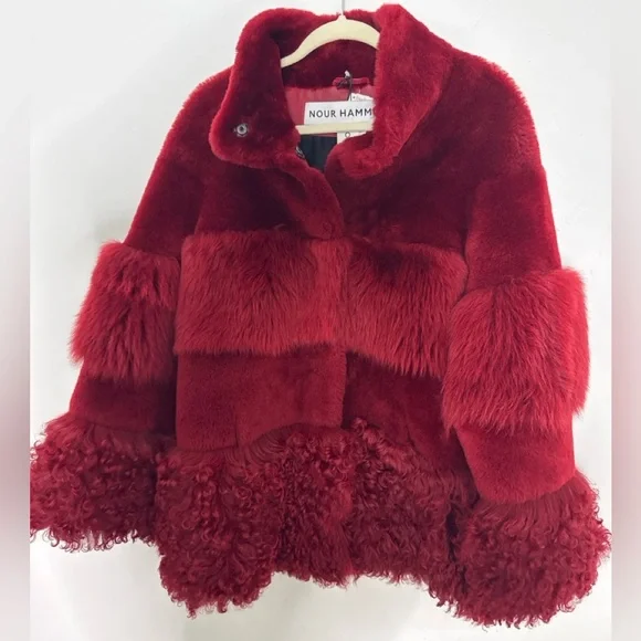 NWT Nour Hammour Aimée Shearling Fur Coat in Crimson/Oxblood red